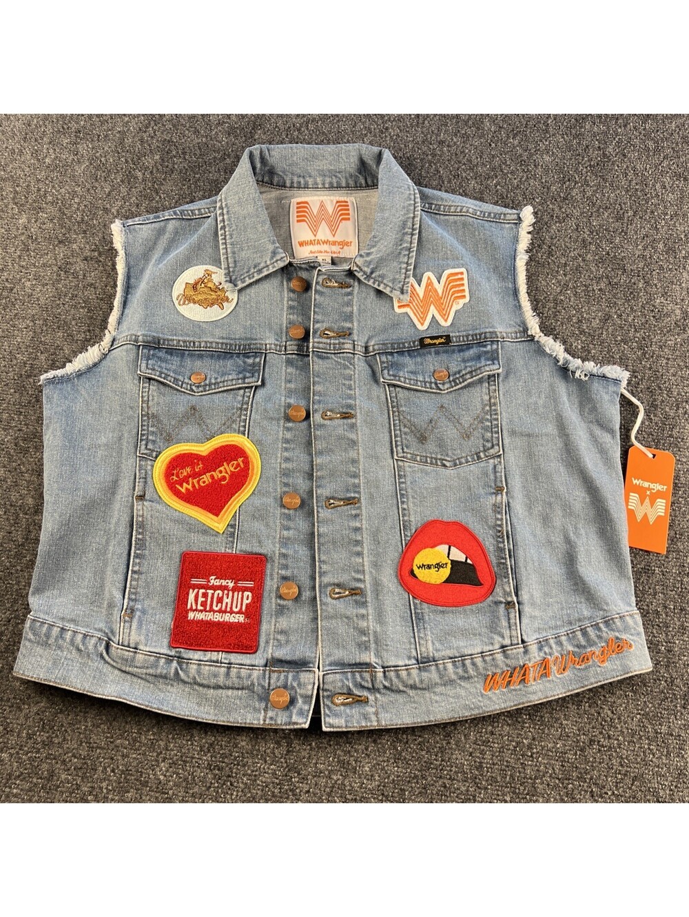 NWT Wrangler x Whataburger Womens XL Denim Vest Frayed Patch Trucker Ltd Edition